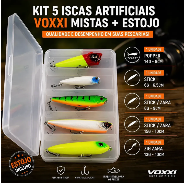 KIT 5 MELHORES ISCAS ARTIFICIAIS MISTAS PARA O RIO SÃO FRANCISCO + ESTOJO PARA ISCAS.